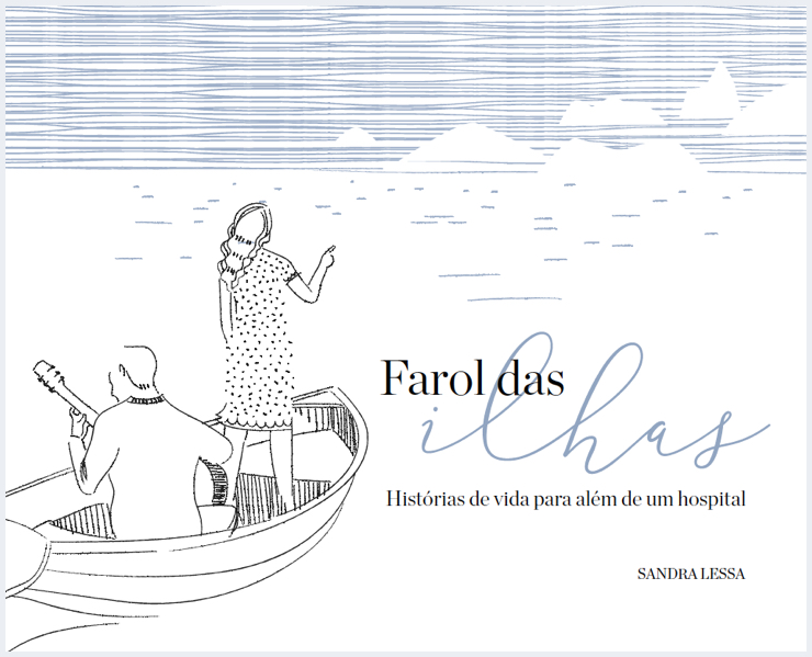 Capa do livro Farol das Ilhas - desenho de homem sentado com violão e mulher em pé, os dois em um pequeno barco, com ilhas ao fundo